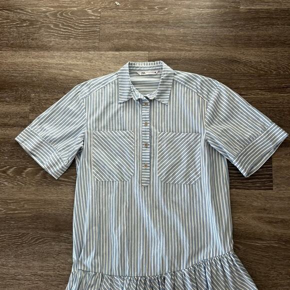 EUC Zara Blue White Striped Mini Shirtdress Size M Ruffle Hem Cotton Poplin - Picture 7 of 16